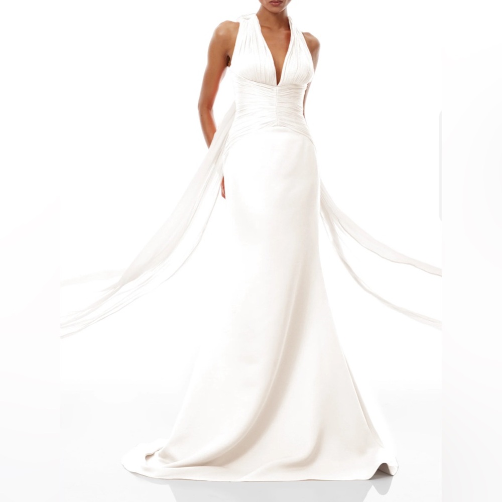 Miss Rosier Emmeline White Halter Bridal Dress with Draped Back